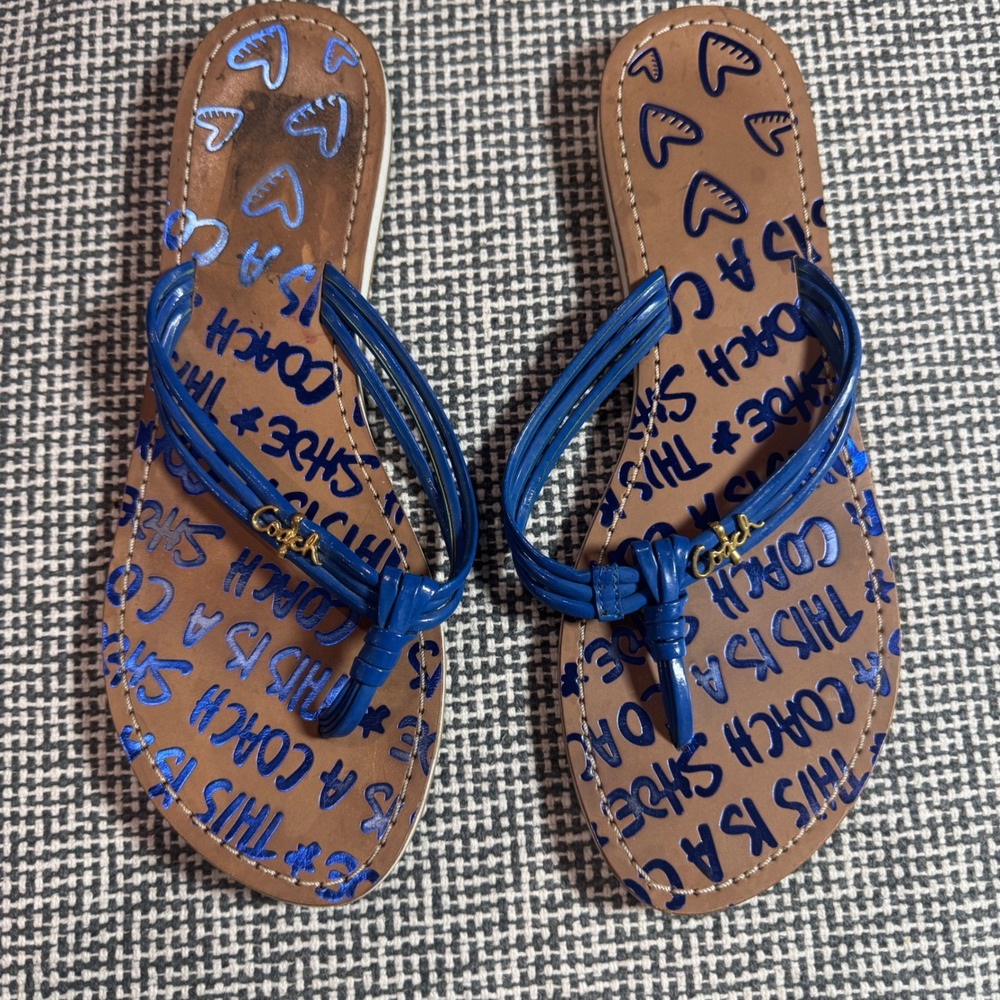 Coach Molly Blue Graffiti Logo Flip Flop Thong Sandals Women's Size 9B F0055